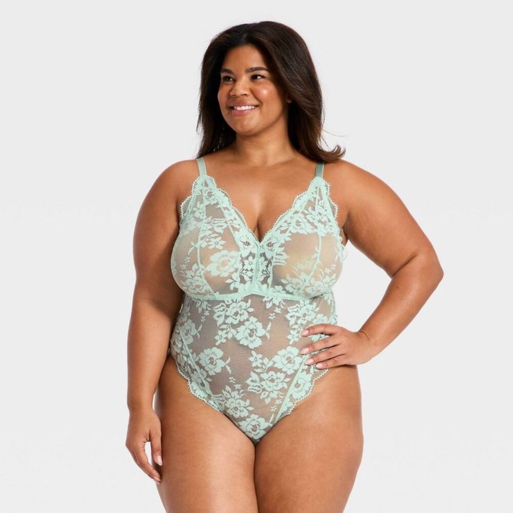 Women's Eyelash Lace High Leg Lingerie Bodysuit - Auden Mint Blue XXL